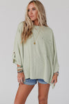 Green Ribbed Roll-tab Sleeve Chest Pocket Oversize Top-Tops-MomFashion