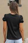 Black Embroidered Flower Short Puff Sleeve Tee-Tops-MomFashion