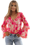 Pink Floral Print Tiered Bell Long Sleeve Buttoned Bodysuit-Tops-MomFashion