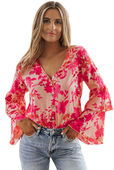 Pink Floral Print Tiered Bell Long Sleeve Buttoned Bodysuit-Tops-MomFashion