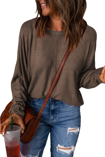 Brown Fiery Solid Color Patchwork Long Sleeve Top-Tops-MomFashion