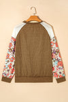 Brown Floral Patchwork Puff Sleeve Textured Blouse-Tops-MomFashion