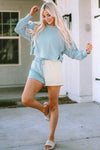 Sky Blue Split Hem Sweatshirt Color Block Shorts Set-Loungewear-MomFashion