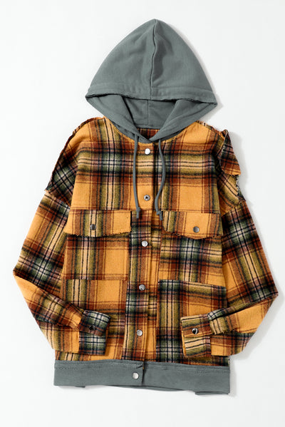 Orange Plaid Patch Hooded Frayed Snap Button Jacket-Outerwear-MomFashion