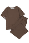 Brown Textured Loose Fit T Shirt and Drawstring Pants Set-Loungewear-MomFashion