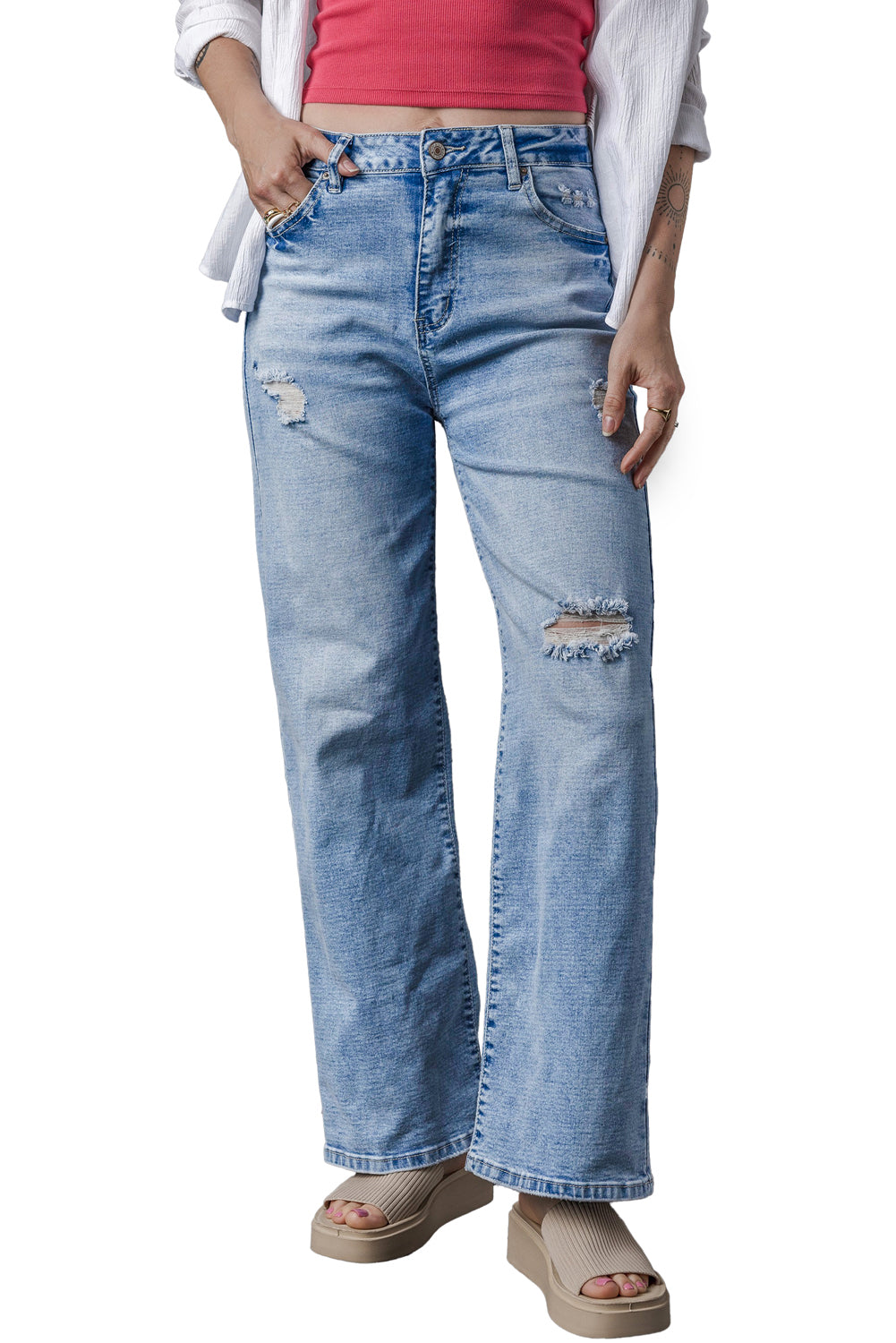 Light Blue High Rise Distressed Straight Leg Jeans-Bottoms-MomFashion