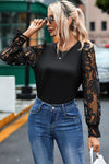 Black Crochet Sleeve Crew Neck Blouse-Tops-MomFashion