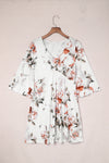 White V Neck 3/4 Sleeve Floral Dress-Dresses-MomFashion