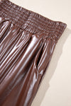 Brown Smocked High-Waist Leather Skinny Pants-Bottoms-MomFashion