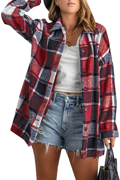 Red Plaid Print Buttoned Shirt Jacket-Outerwear-MomFashion