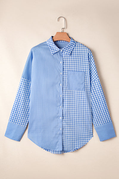 Sky Blue Stripe Plaid Patchwork Button up Long Sleeve Shirt-Tops/Blouses & Shirts-MomFashion