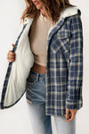 Blue Plaid Pattern Sherpa Lined Hooded Shacket-Outerwear-MomFashion