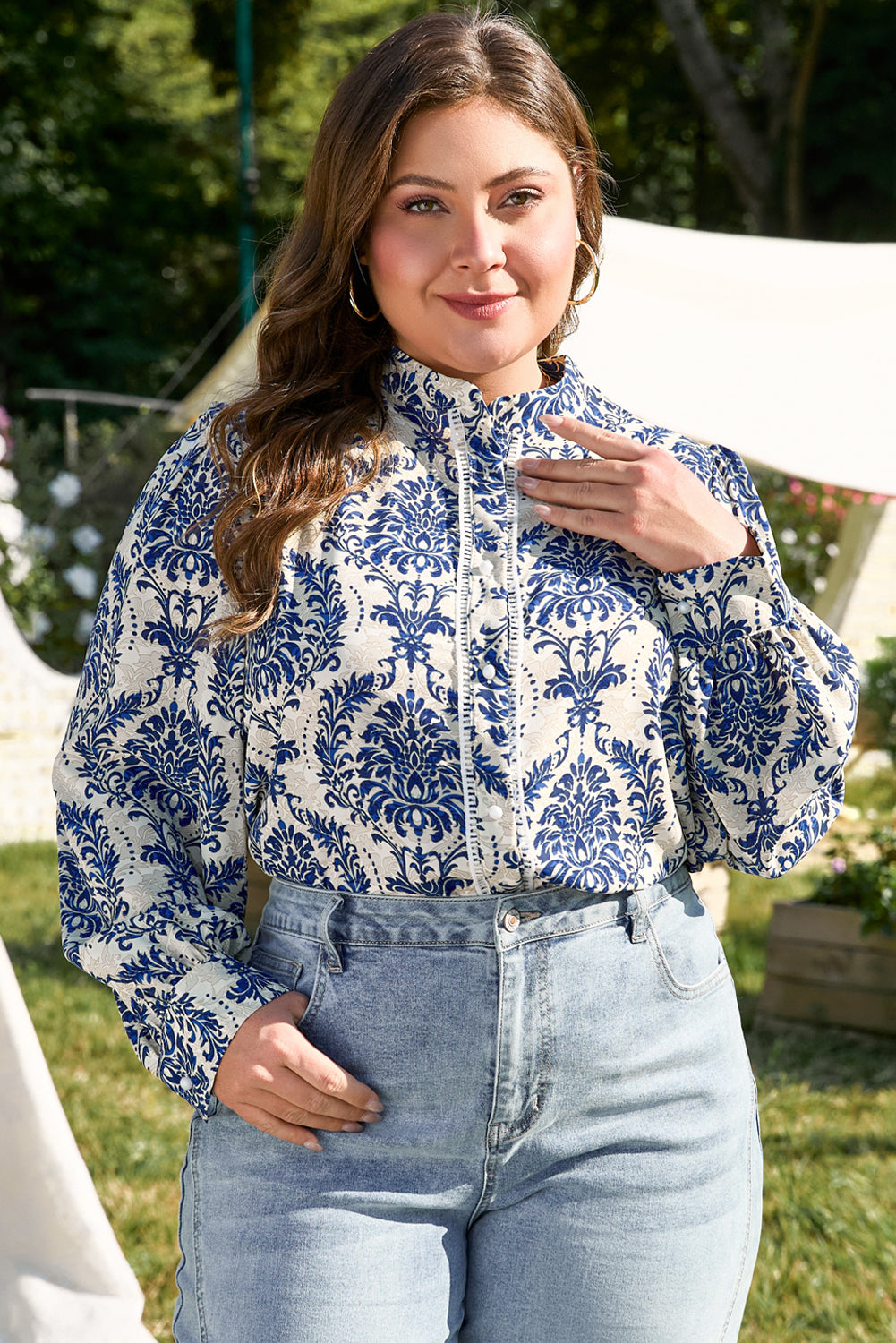 Sky Blue Tribal Pattern Print Notch Neck Buttoned Plus Size Shirt-Plus Size/Plus Size Tops/Plus Size Blouses & Shirts-MomFashion