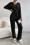 Black Ribbed Knit V Neck Slouchy Two-piece Outfit-Loungewear-MomFashion