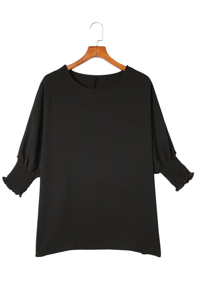 Black Smocked Wrist Shift Top-Tops-MomFashion