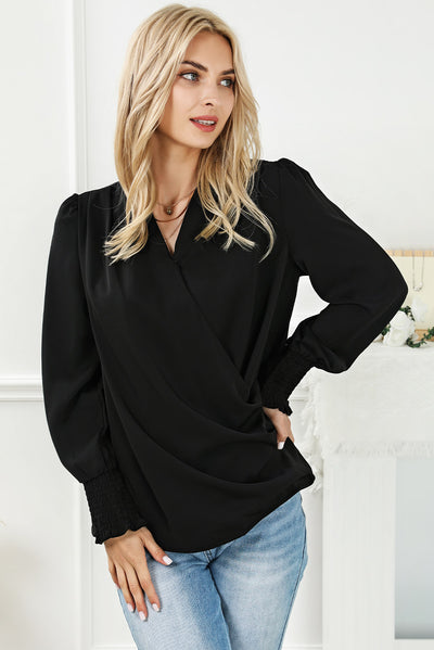 Black Solid Surplice Neck Shirred Cuffs Draped Blouse-Tops-MomFashion