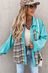 Sky Blue Plaid Patchwork Pockets Denim Jacket-Outerwear-MomFashion