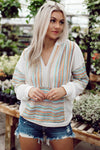 Multicolor Striped Patchwork V Neck Drop Shoulder Knit Hoodie-Tops-MomFashion