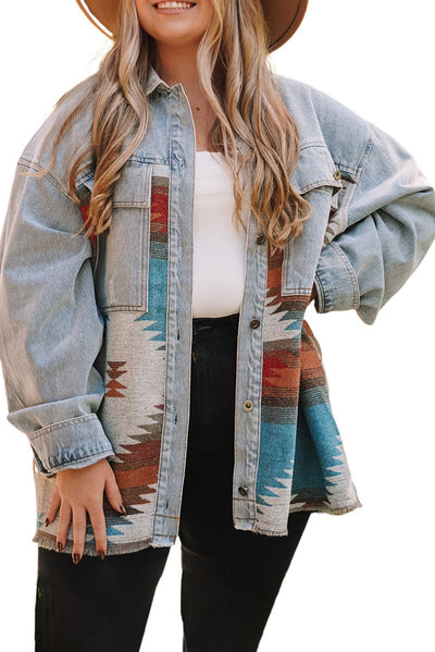 Sky Blue Plus Size Denim Aztec Jacket-Plus Size-MomFashion