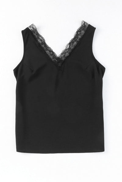 Black Lace Splicing Open Back V Neck Tank Top-Tops-MomFashion