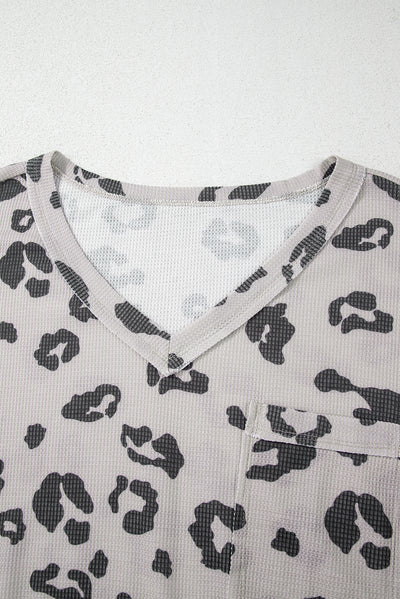 Gray Printed Leopard Balloon Sleeve Thermal Knit Plus Size Top-Plus Size-MomFashion