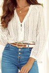 White V-Neck Long Sleeve Button Up Lace Shirt-Tops-MomFashion