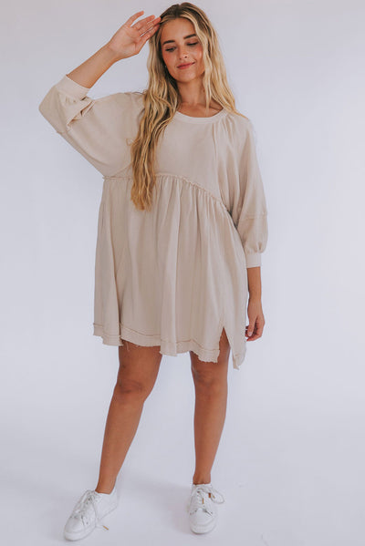 Oatmeal 3/4 Sleeves High Waist Slits Mini Dress-Dresses-MomFashion