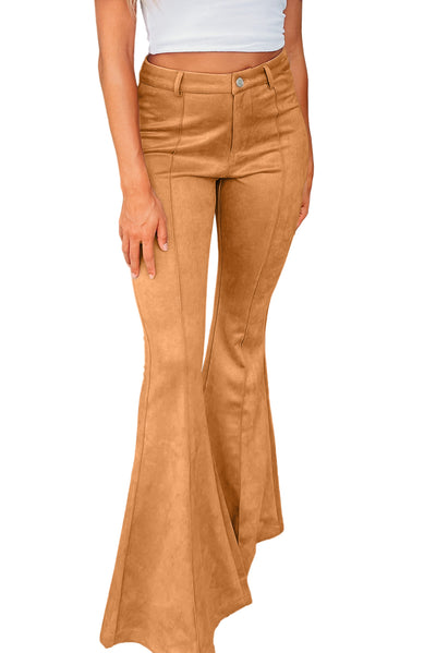 Brown Exposed Seam Flare Suede Pants with Pockets-Bottoms-MomFashion