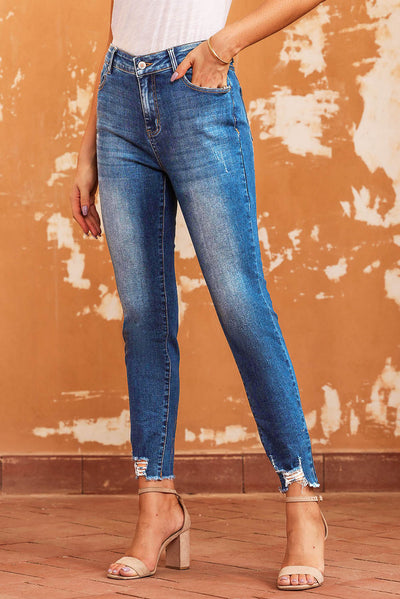 Blue Raw Hem Ankle-length Skinny Jeans-Bottoms-MomFashion