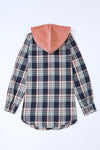 Pink Contrast Hooded Drawstring Plaid Shacket-Outerwear-MomFashion