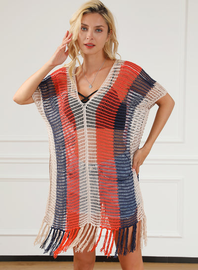 Multicolor Striped Tassel Crochet V Neck Beach Cover Up-Swimwear-MomFashion