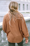 Brown V-Neck Drawstring Dolman Sleeve Waffle Knit Top-Tops-MomFashion