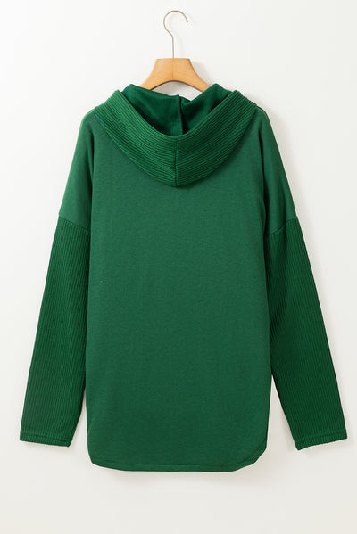 Blackish Green Button Up Contrast Knitted Sleeves Hooded Jacket-Outerwear-MomFashion