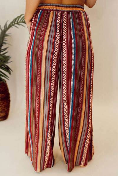 Red Boho Ethnic Striped Print Tie Waist Wide Leg Pants-Bottoms-MomFashion