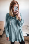 Iceland Blue Solid Ruffled Hem Loose Fit Tunic Hoodie-Tops/Sweatshirts & Hoodies-MomFashion