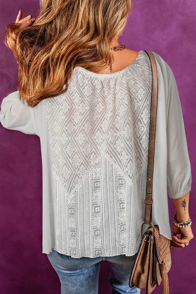 White Lace Bracelet Sleeve V-Neck Button-Up Top-Tops-MomFashion