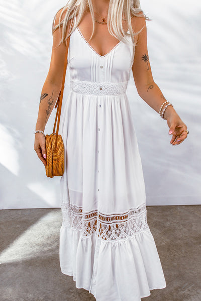 White Lace Splice Button Decor Spaghetti Strap Maxi Dress-Dresses-MomFashion