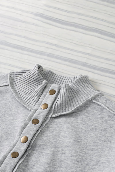 Gray Ribbed Hem Snap Button Neckline Sweatshirt with Pocket-Tops-MomFashion