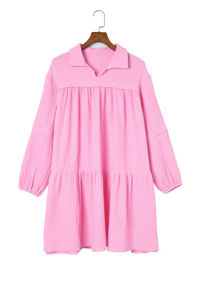 Pink Turn-down Neck Textured Bubble Sleeve Dress-Dresses-MomFashion