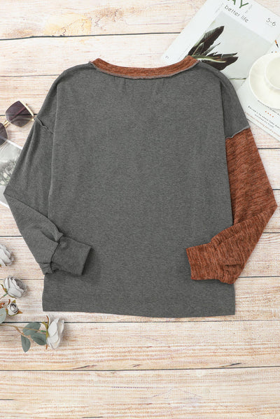 Brown V Neck Color Block Patchwork Loose Pullover-Tops-MomFashion