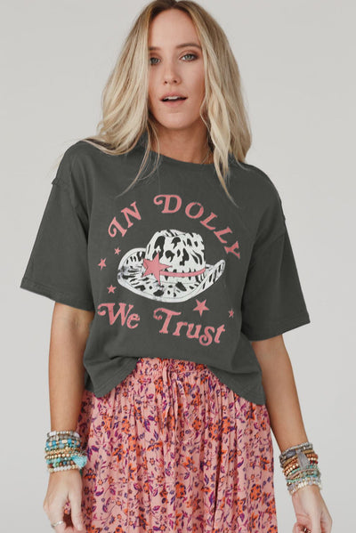 Gray WE TRUST IN DOLLY Western Fashion Graphic Tee-Graphic-MomFashion