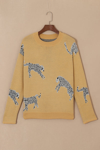 Camel Fuzzy Cheetah Accent Round Neck Sweater-Tops-MomFashion