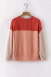 Fiery Red Color Block Long Sleeve Ribbed Loose Top-Tops-MomFashion