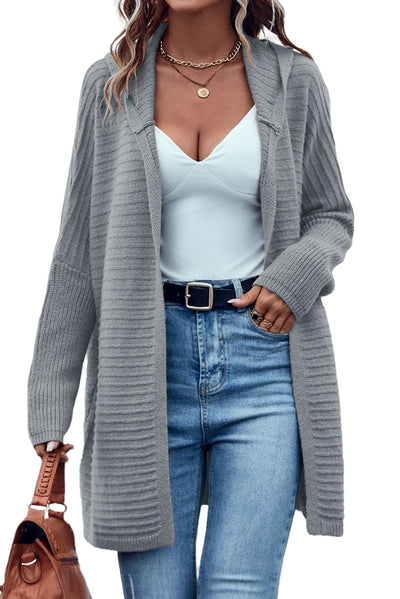 Gray Horizontal Rib Knitted Open Front Hooded Cardigan-Tops-MomFashion