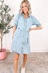 Beau Blue Mineral Wash Ruffled Short Sleeve Buttoned Denim Dress-Dresses-MomFashion