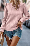 Light Pink Cable Textured Puff Sleeve Sweatshirt-Tops-MomFashion