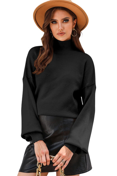 Black Turtleneck Drop Shoulder Bubble Sleeve Knit Sweater-Tops-MomFashion