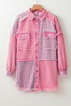 Pink Retro Distressed Houndstooth Patchwork Denim Jacket-Outerwear-MomFashion