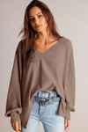 Coffee Waffle V Neck Long Sleeve Drop Shoulder Loose Blouse-Tops/Blouses & Shirts-MomFashion