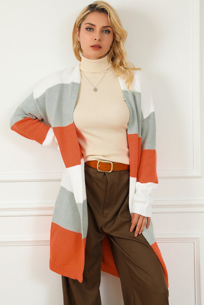 Orange Striped Color Block Drop Shoulder Midi Cardigan-Tops-MomFashion